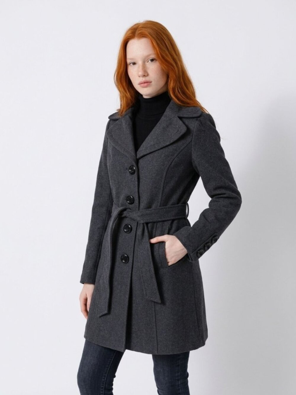 Guess Retro Chic Womens Charcoal Gray Belted Button-Up Wool-Blend Coat - M
